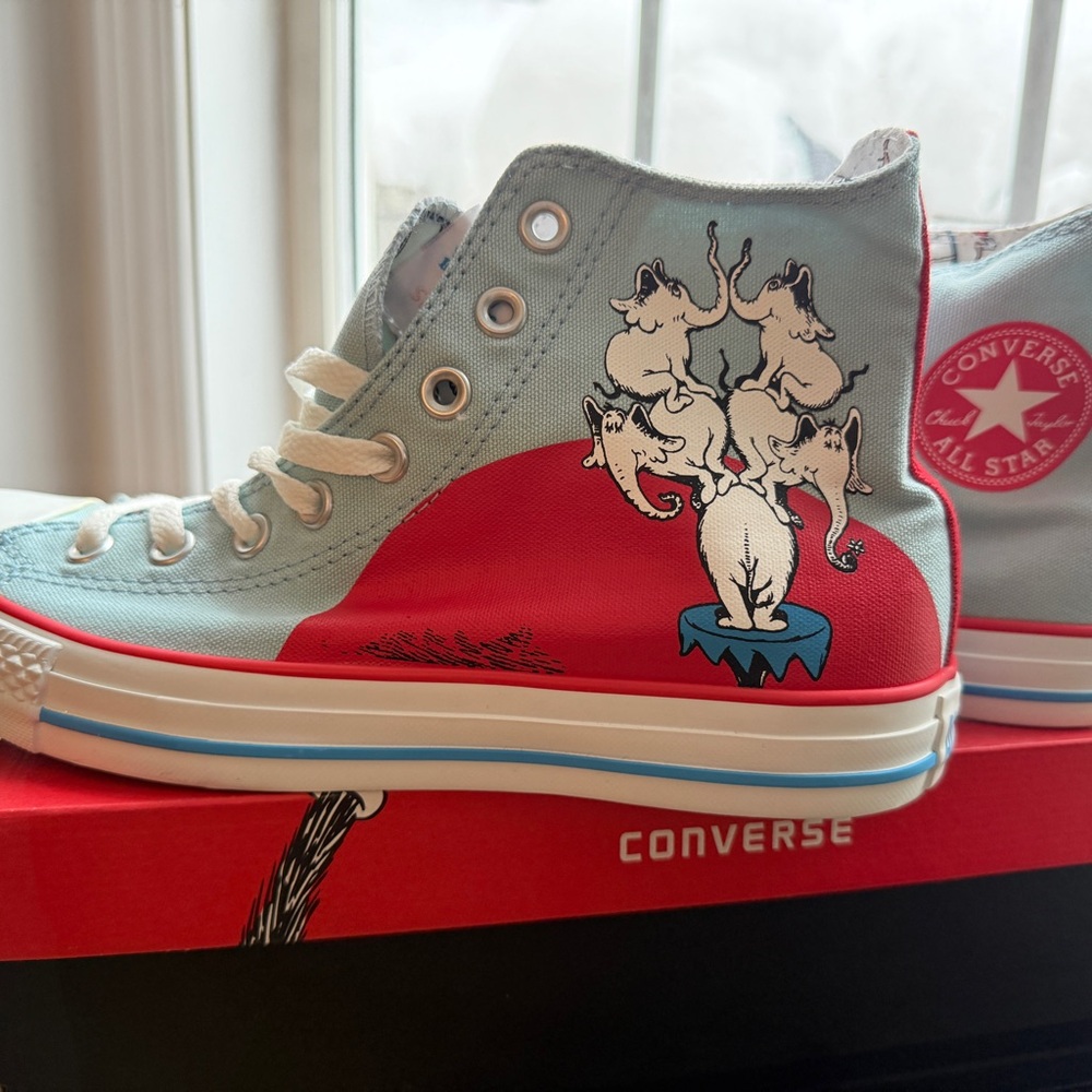 Converse High-Top Sneakers - Light Blue and Red with Cat Design